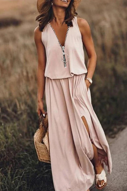 Casual Solid Slit Zipper V Neck Vest Dress Dresses