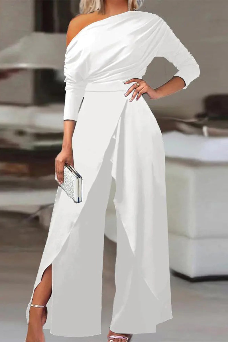 British Style Solid Backless Asymmetrical Oblique Collar Regular Jumpsuits White