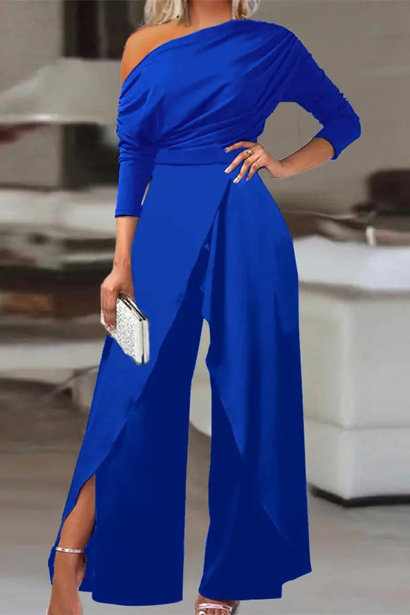 British Style Solid Backless Asymmetrical Oblique Collar Regular Jumpsuits Blue