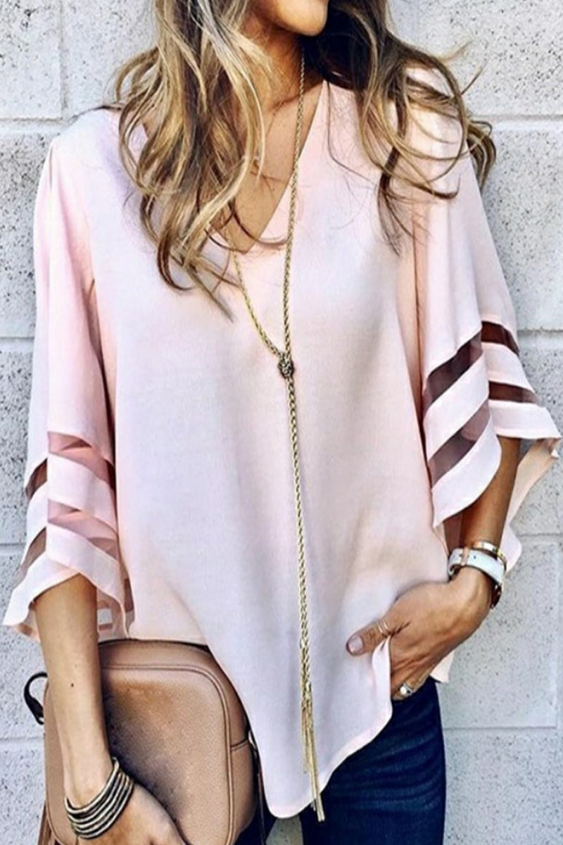 Work Elegant Solid Patchwork V Neck Tops