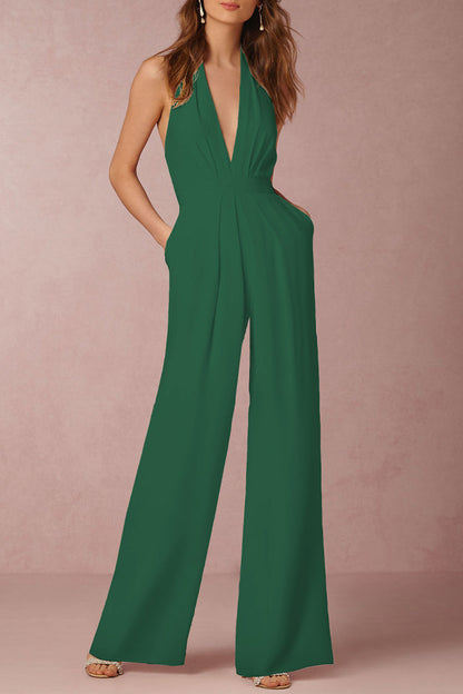 Sexy Elegant Solid Backless Fold V Neck Regular Jumpsuits