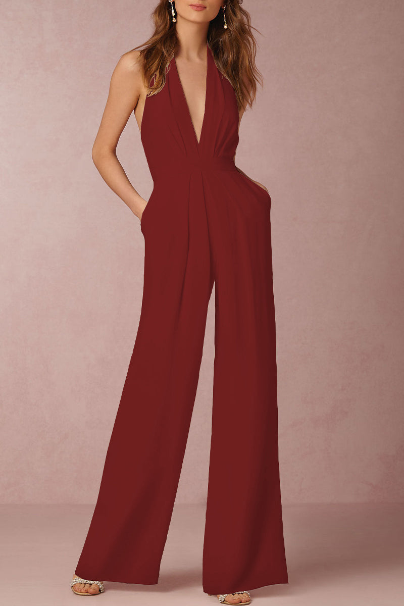 Sexy Elegant Solid Backless Fold V Neck Regular Jumpsuits