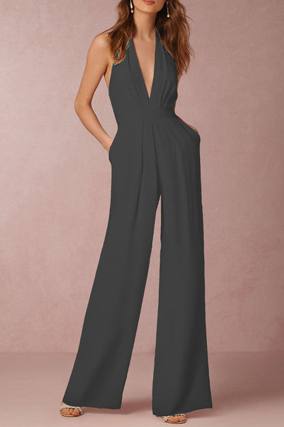 Sexy Elegant Solid Backless Fold V Neck Regular Jumpsuits