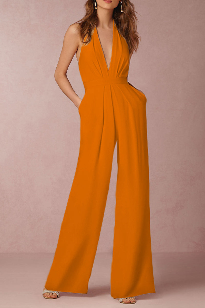 Sexy Elegant Solid Backless Fold V Neck Regular Jumpsuits