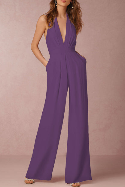 Sexy Elegant Solid Backless Fold V Neck Regular Jumpsuits