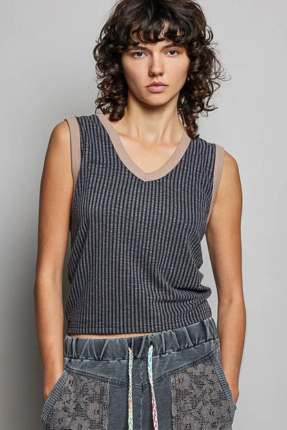 POL V-Neck Contrast Ribbed Sleeveless Tank