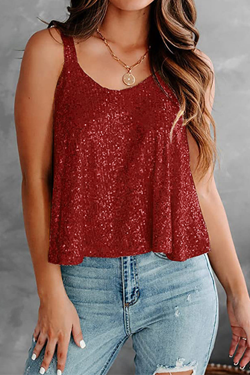 Sexy Casual Solid Sequins O Neck Tops