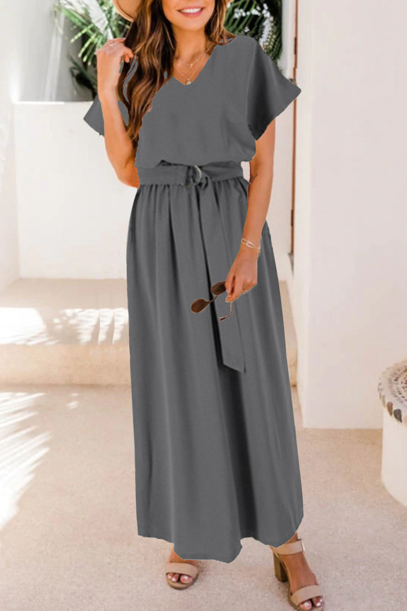 Casual Solid With Belt V Neck Waist Skirt Short Sleeve Dress