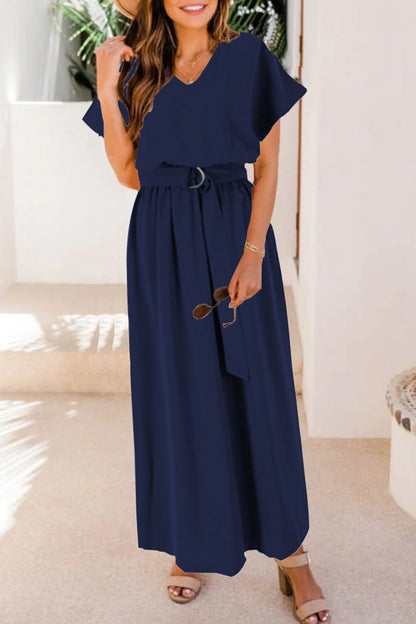 Casual Solid With Belt V Neck Waist Skirt Short Sleeve Dress