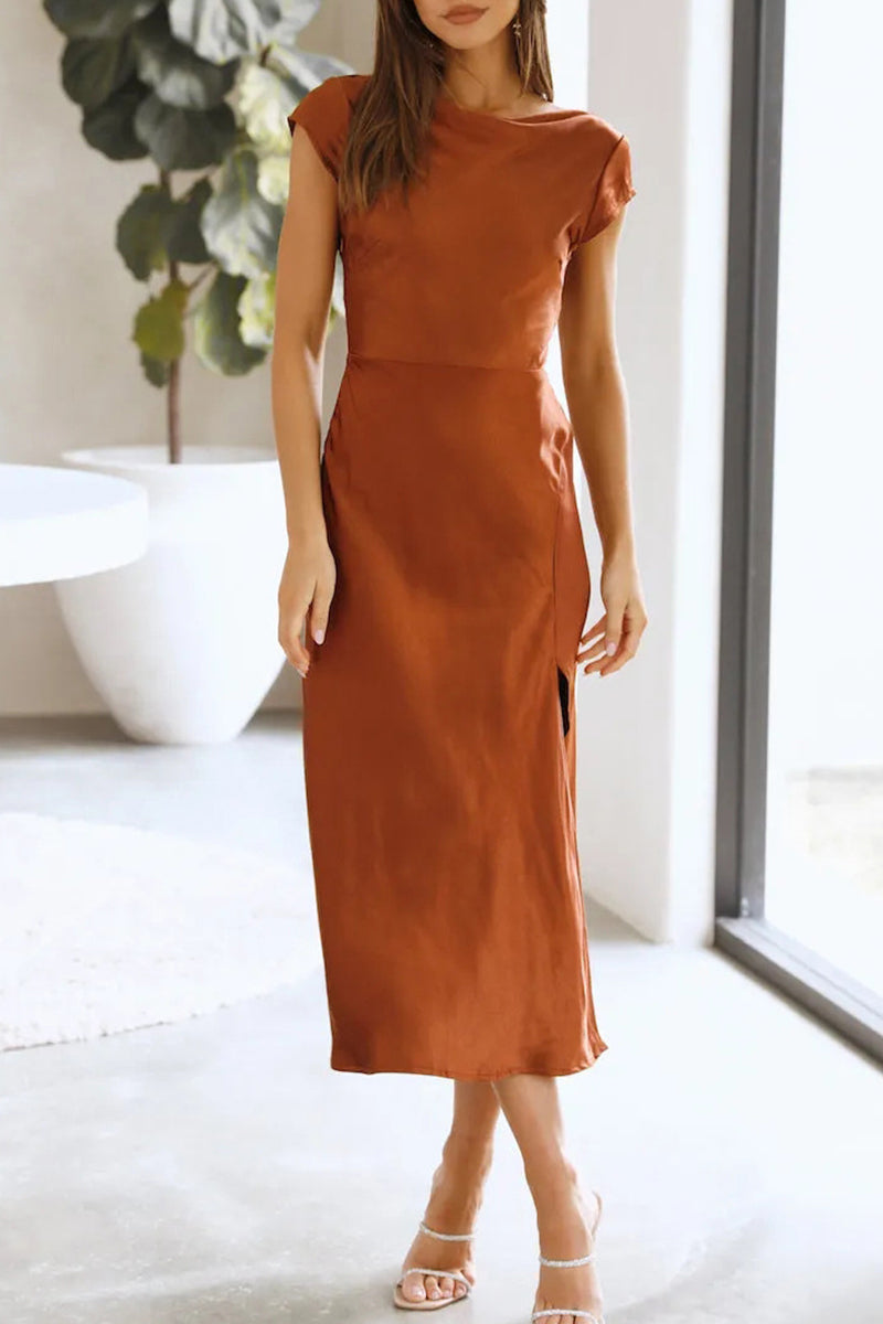 Celebrities Elegant Solid Backless Asymmetrical Collar Princess Dresses Light Brown