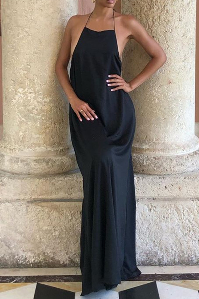 Sexy Elegant Solid Frenulum Backless Asymmetrical Halter Evening Dress Dresses