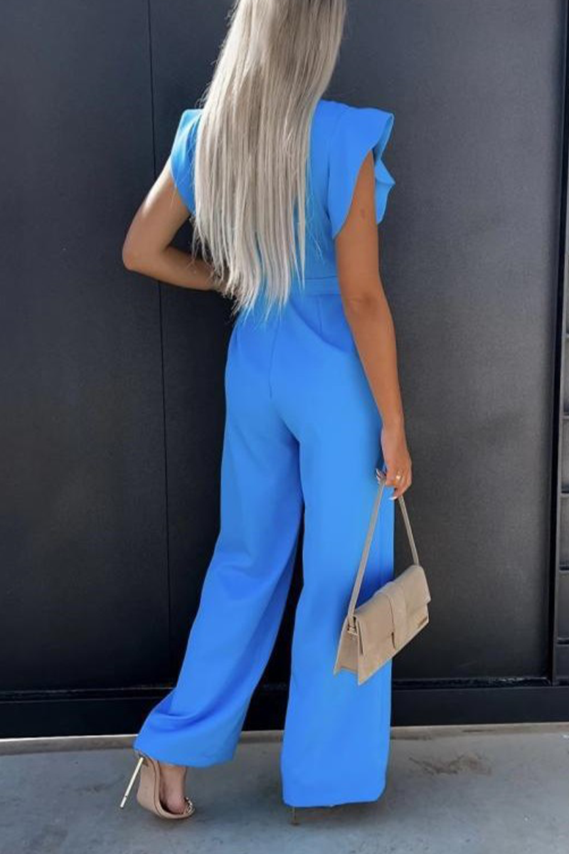 Elegant Solid Pocket Frenulum O Neck Regular Jumpsuits