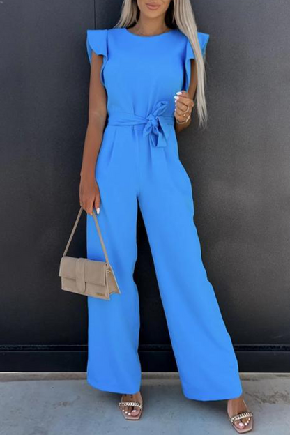 Elegant Solid Pocket Frenulum O Neck Regular Jumpsuits