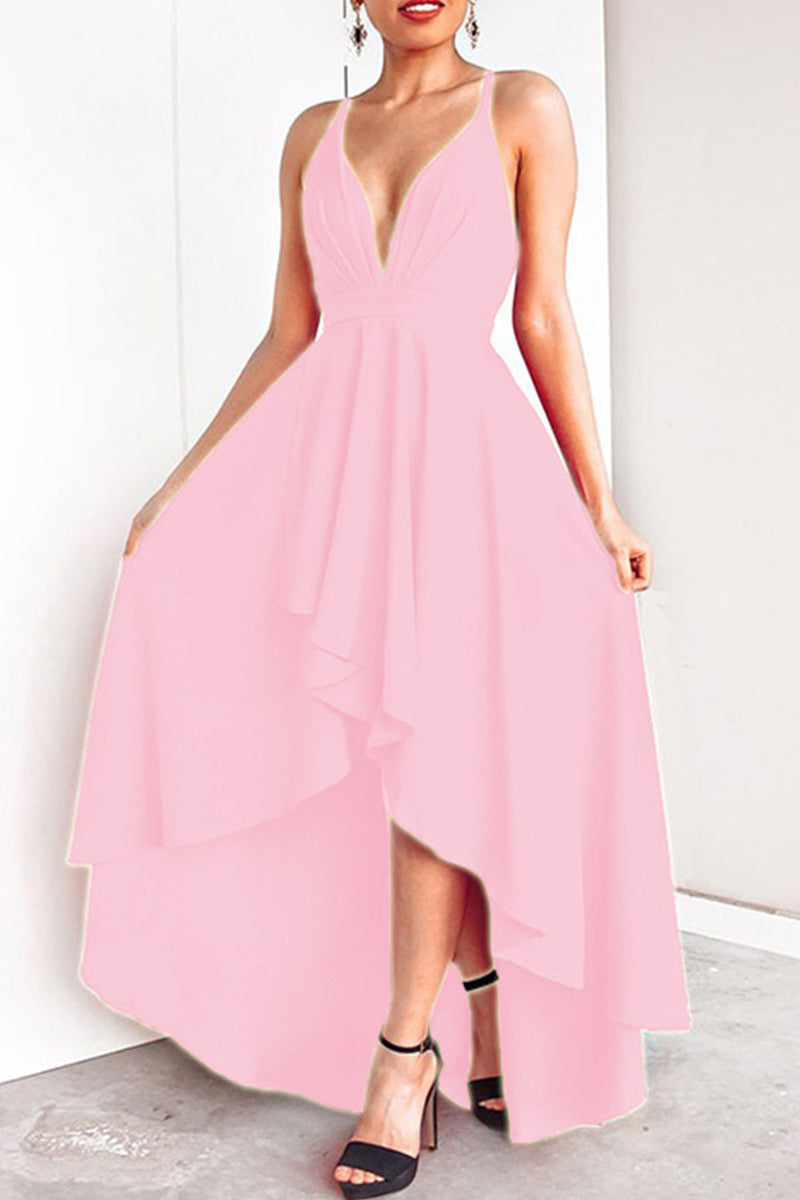 Sexy Formal Solid Asymmetrical V Neck Dresses Pink