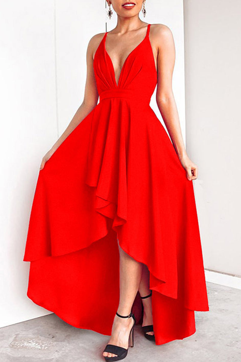 Sexy Formal Solid Asymmetrical V Neck Dresses Red