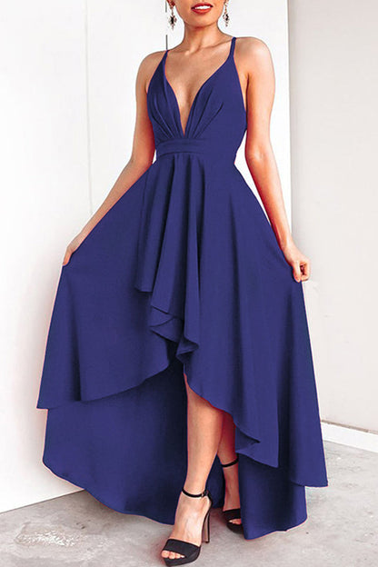 Sexy Formal Solid Asymmetrical V Neck Dresses Deep Blue