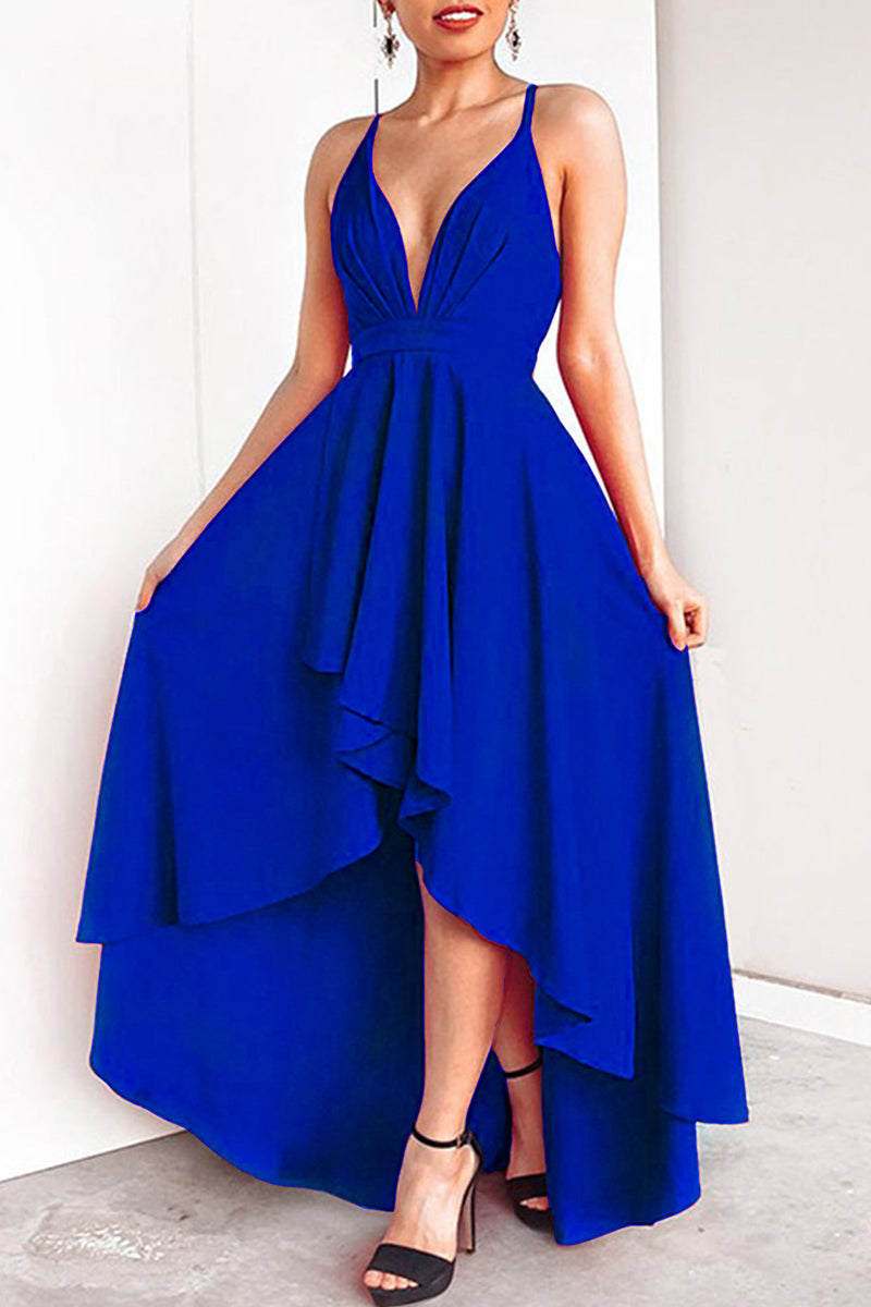 Sexy Formal Solid Asymmetrical V Neck Dresses Blue