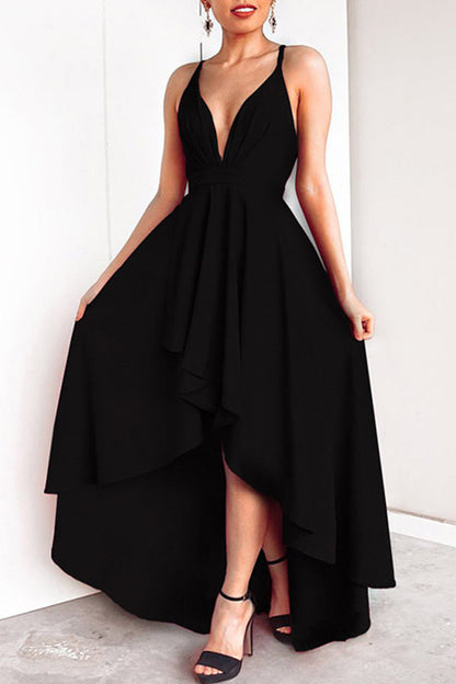 Sexy Formal Solid Asymmetrical V Neck Dresses Black