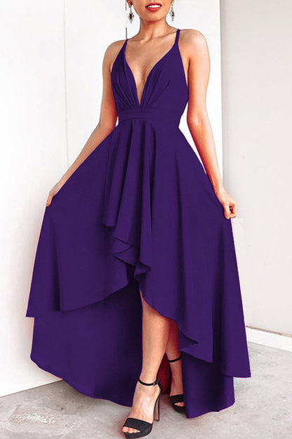 Sexy Formal Solid Asymmetrical V Neck Dresses Purple