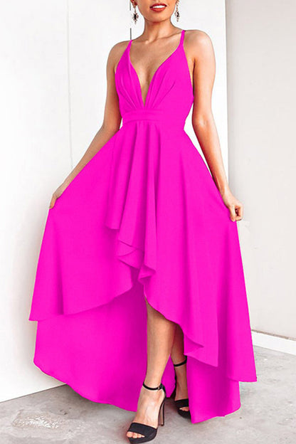 Sexy Formal Solid Asymmetrical V Neck Dresses Rose Red