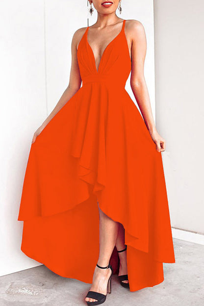 Sexy Formal Solid Asymmetrical V Neck Dresses Tangerine Red