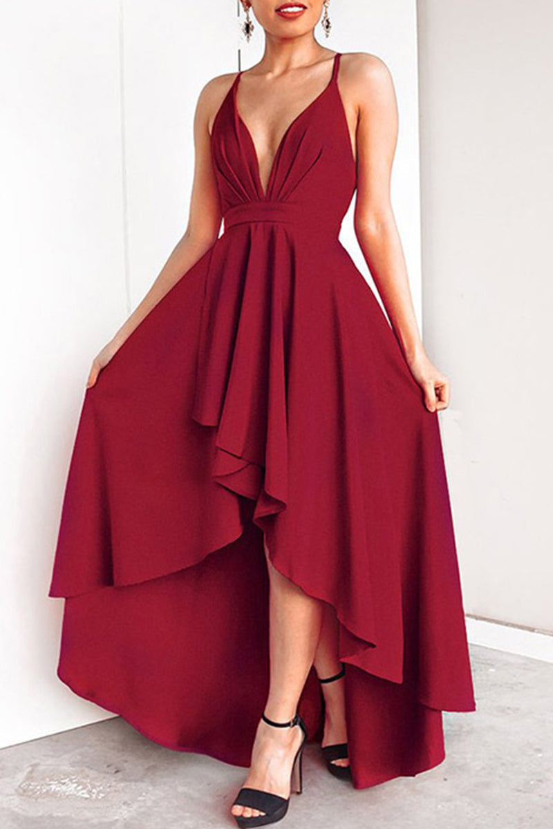 Sexy Formal Solid Asymmetrical V Neck Dresses Burgundy