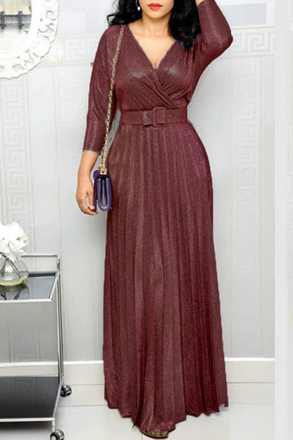 Elegant Bronzing Sequined With Belt V Neck A Line Dresses