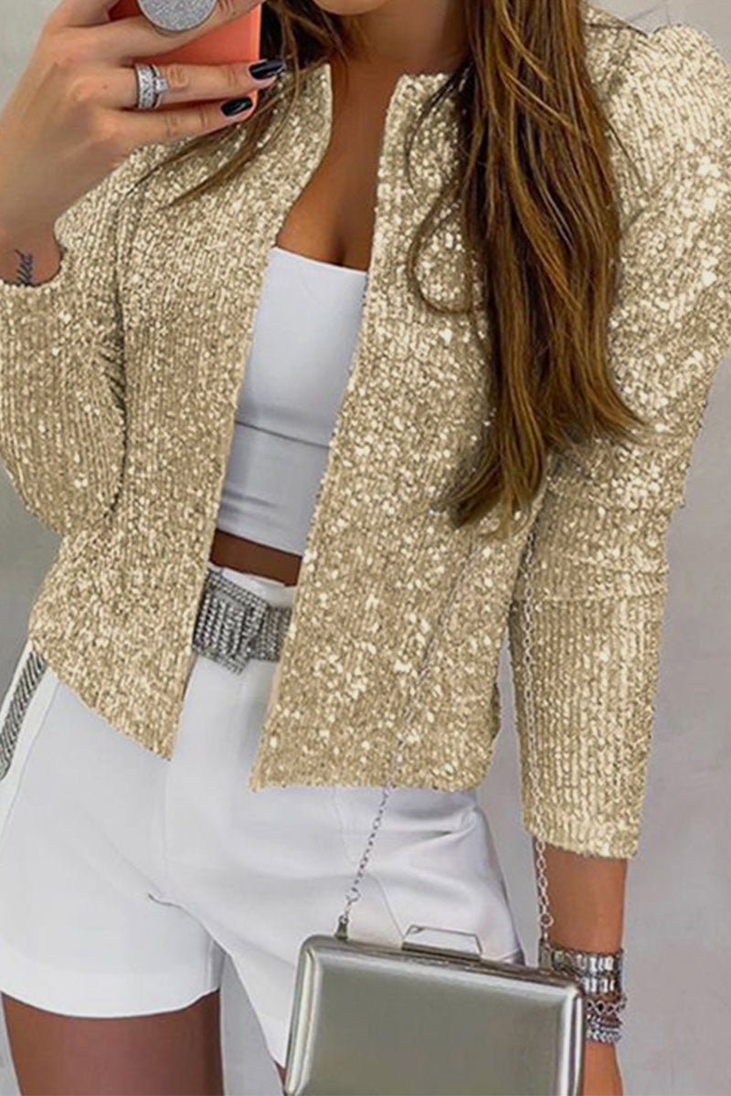 Fashion Solid Sequins Patchwork O Neck Outerwear(7 Colors)