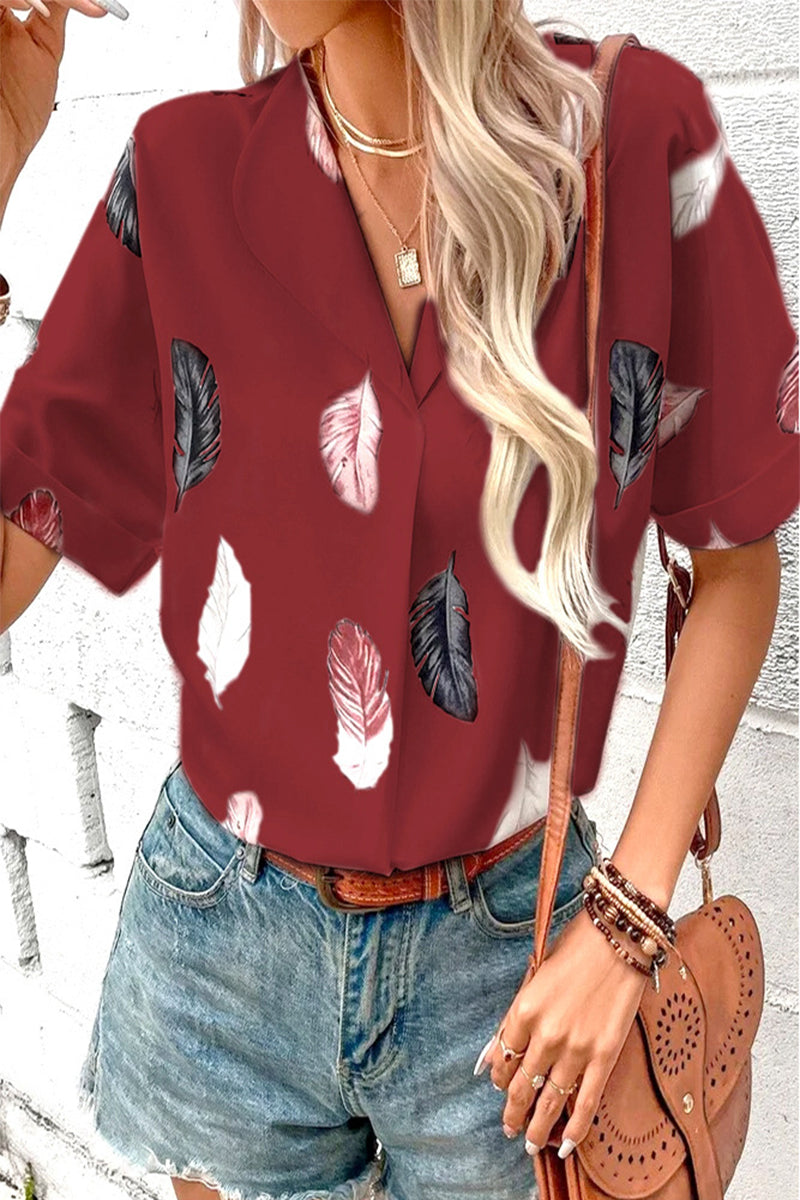 Casual Print Patchwork Turndown Collar Tops Burgundy