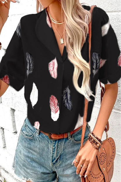 Casual Print Patchwork Turndown Collar Tops Black