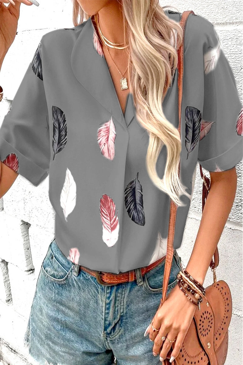 Casual Print Patchwork Turndown Collar Tops Grey