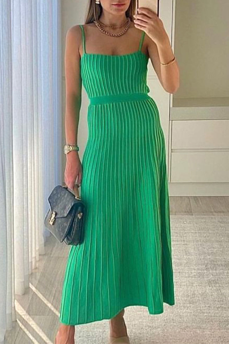 Casual Simplicity Solid Fold Square Collar Sling Dress Dresses(7 Colors) Green