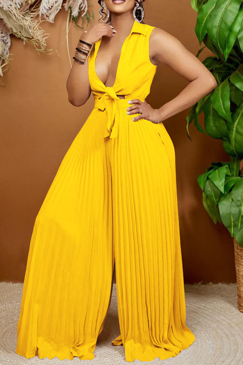 Sexy Solid Bandage Hollowed Out Patchwork Fold Turndown Collar Straight Jumpsuits Yellow