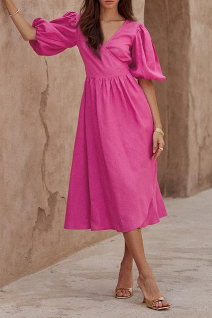 Sexy Simplicity Solid Frenulum V Neck Waist Skirt Dresses Pink