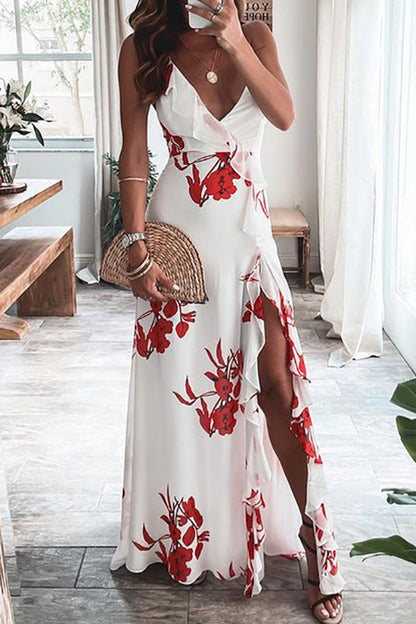 Sexy Print Patchwork Slit Spaghetti Strap Long Dress Dresses