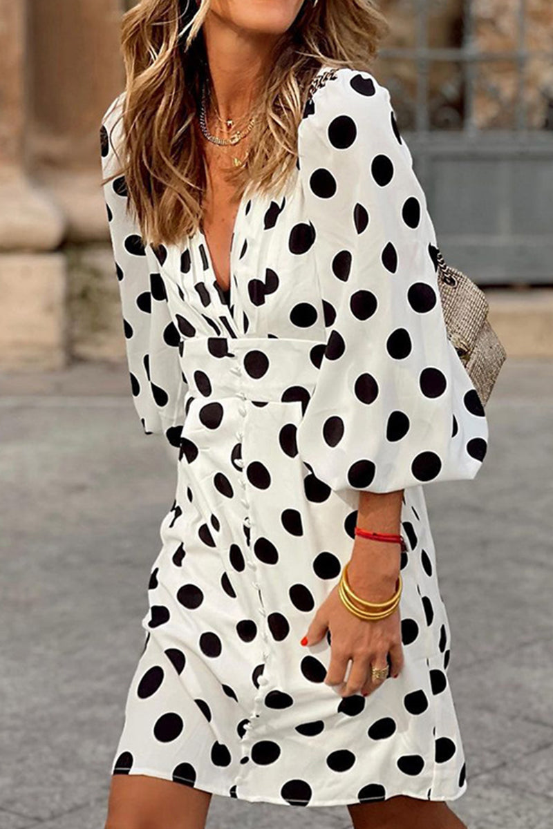 Elegant Polka Dot Patchwork V Neck A Line Dresses