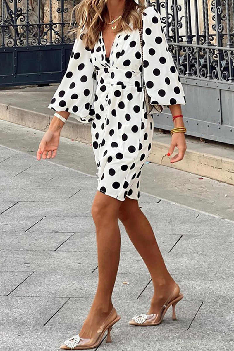 Elegant Polka Dot Patchwork V Neck A Line Dresses