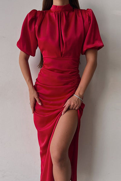 Elegant Solid Fold Half A Turtleneck One Step Skirt Dresses