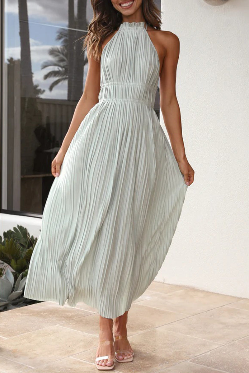 Elegant Solid Backless Fold Halter Waist Skirt Dresses