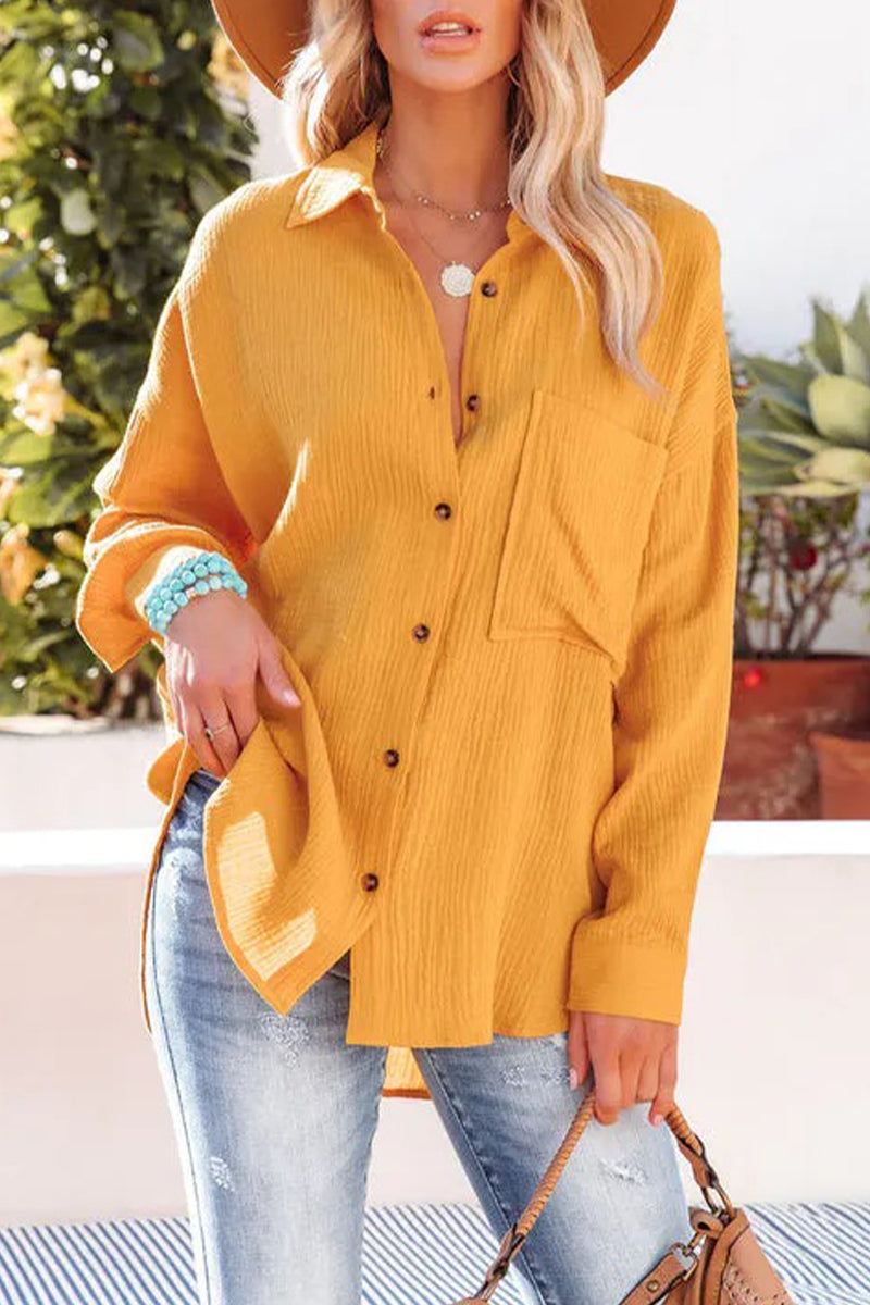 Casual Solid Pocket Turndown Collar Blouses(8 Colors) Yellow