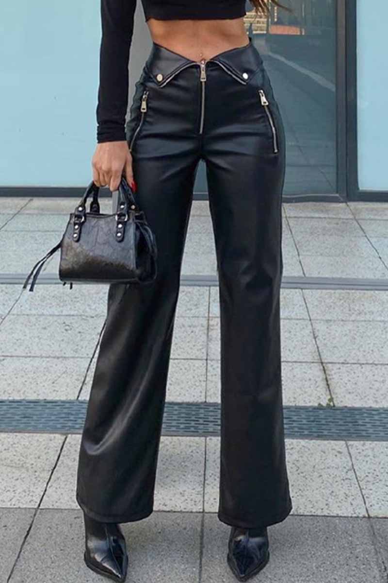 Street Solid High Waist Straight Bottoms