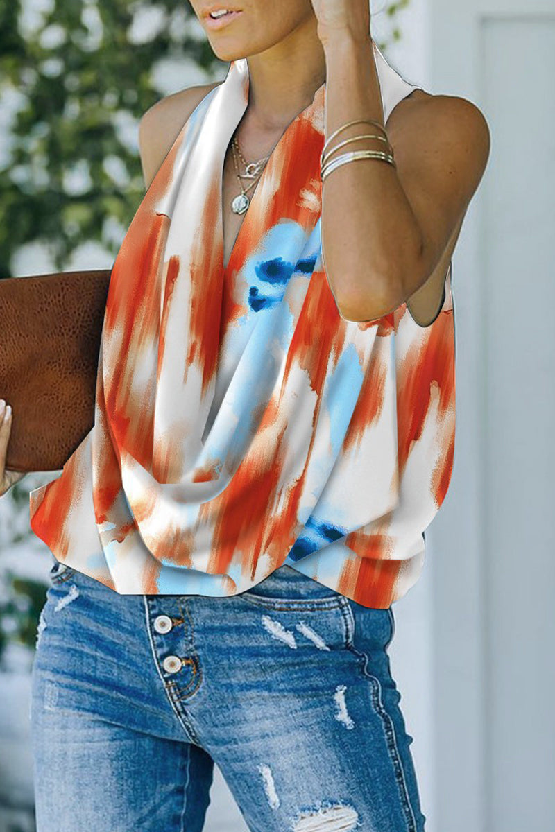 Sweet Elegant Print Scarf Collar Tops