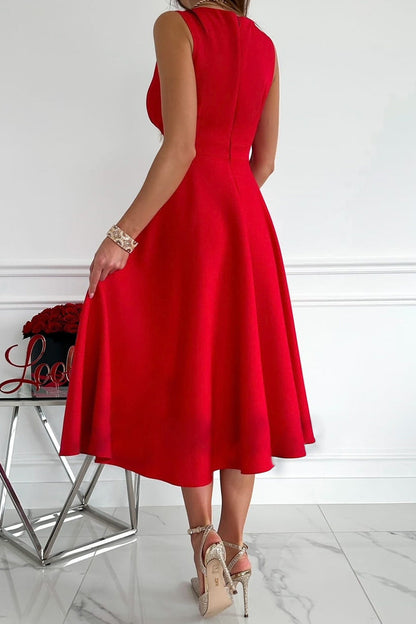 Sweet Elegant Solid Fold V Neck Sleeveless Dress Dresses