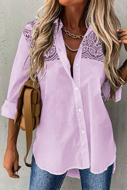 Casual Solid Lace Turndown Collar Tops