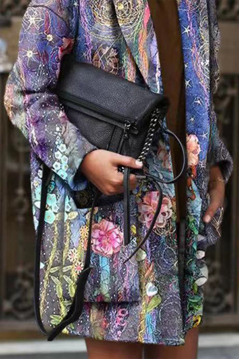 Elegant Print Turndown Collar Outerwear