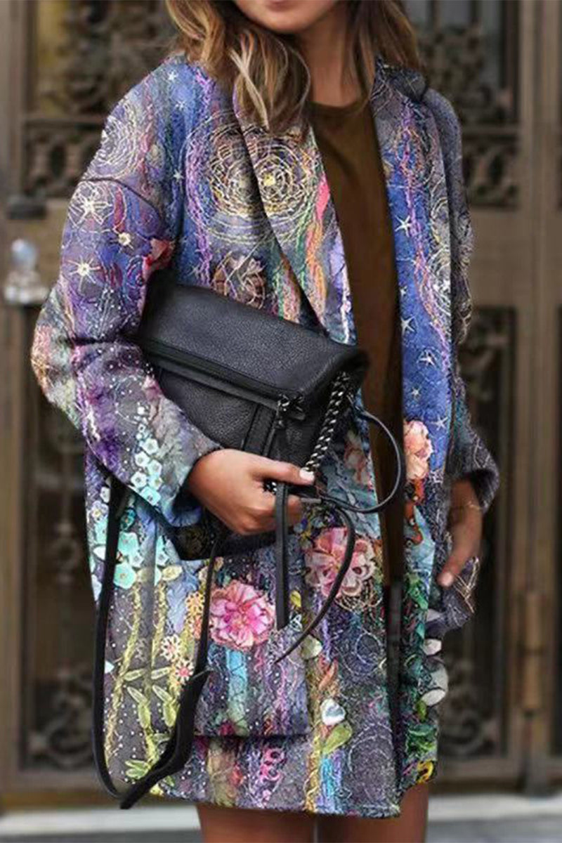 Elegant Print Turndown Collar Outerwear