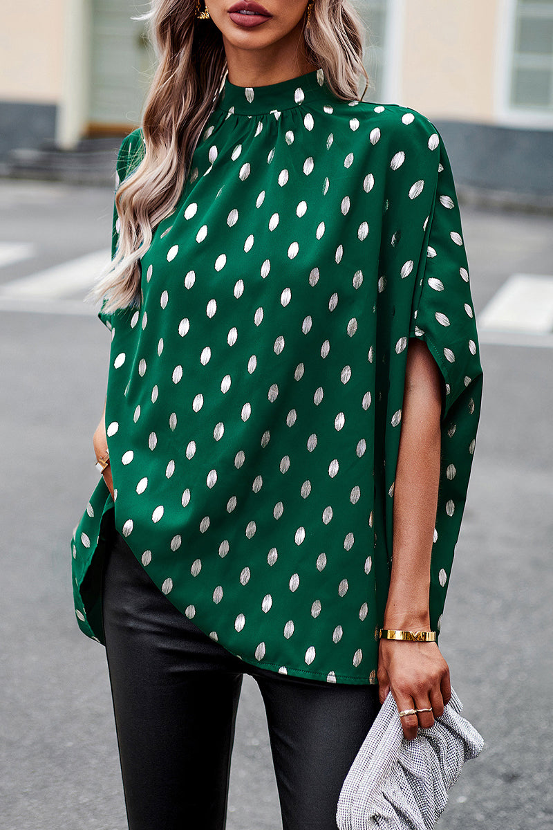 British Style Elegant Polka Dot Bandage Mandarin Collar Tops