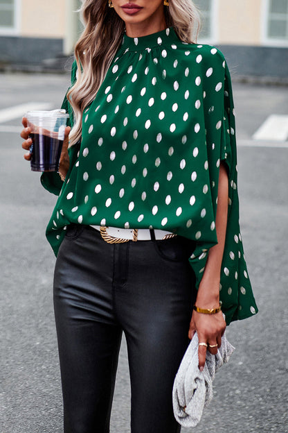 British Style Elegant Polka Dot Bandage Mandarin Collar Tops