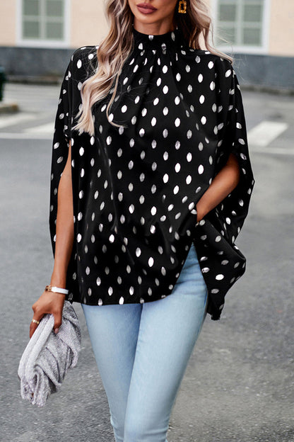 British Style Elegant Polka Dot Bandage Mandarin Collar Tops