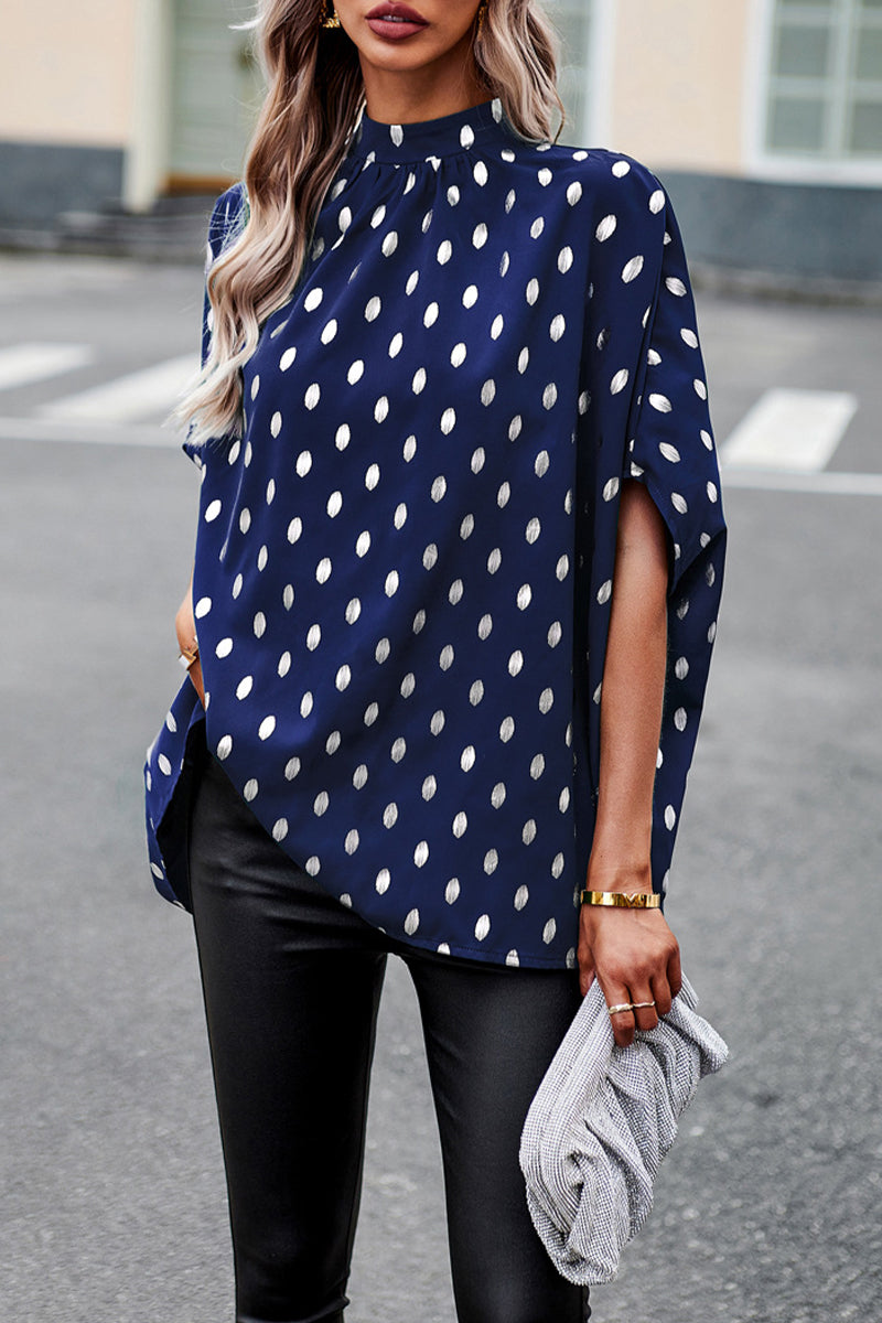 British Style Elegant Polka Dot Bandage Mandarin Collar Tops